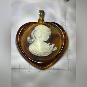 Vintage Style Heart Cameo Pendant Resin Lady Profile Amber Tone Tested Under UV